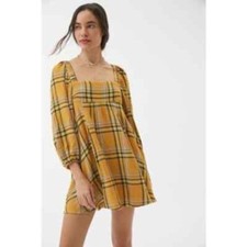 Urban Outfitters Lachlan Flannel Smocked Mini Dress Size Small Yellow Gold Plaid