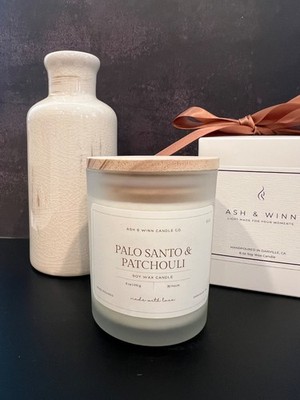 Palo Santo &Patchouli  7 oz Soy Candle, Frosted White Jar, Wood Lid, Hand Poured