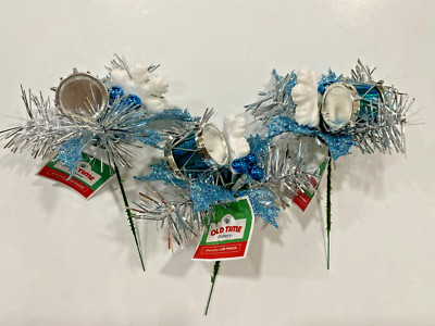 CHRISTMAS 7'' BLUE DRUMS BERRIES LEAVES SNOWFLAKES PICKS FLORAL WREATH