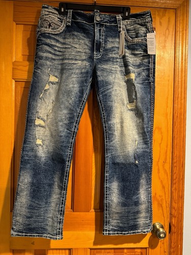 Rock Revival Men’s Jean’s STRAIGHT Brave Distressed Faded 44x32 - Picture 2 of 7