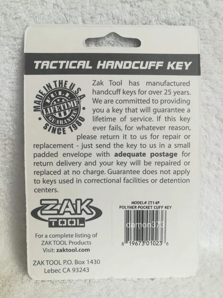 ZAK TOOL Handcuff Key Polymer Finish Black ZT14P Excellent Backup Set USA MADE - Image 4 of 4