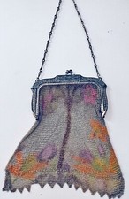 Rare Antique Whiting  Davis Hand Painted Metallic Mesh Purse Bag XX818