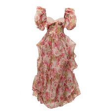 Women Square Collar Bubble Short Sleeves Flounces Fluffy Princess Dress.printed