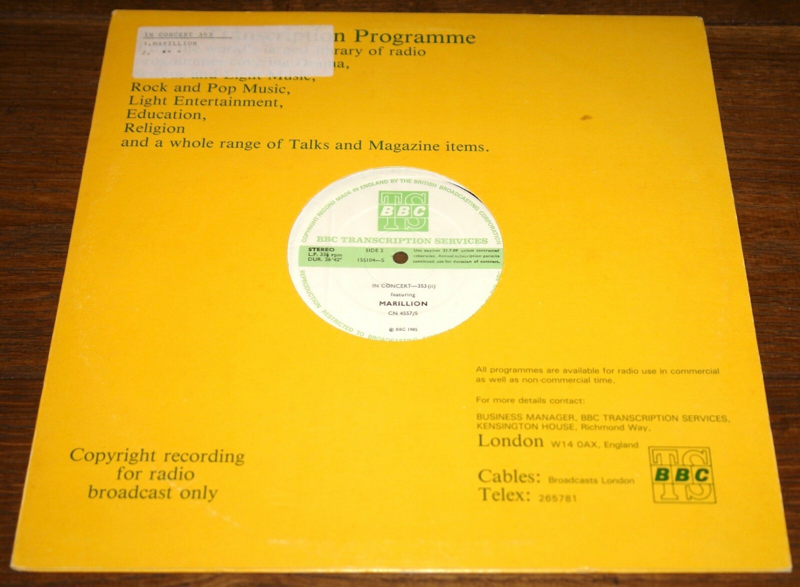 MARILLION IN CONCERT 1985 BBC TRANSCRIPTION DISC 353 LP WITH SLEEVE & CUE  SHEETS