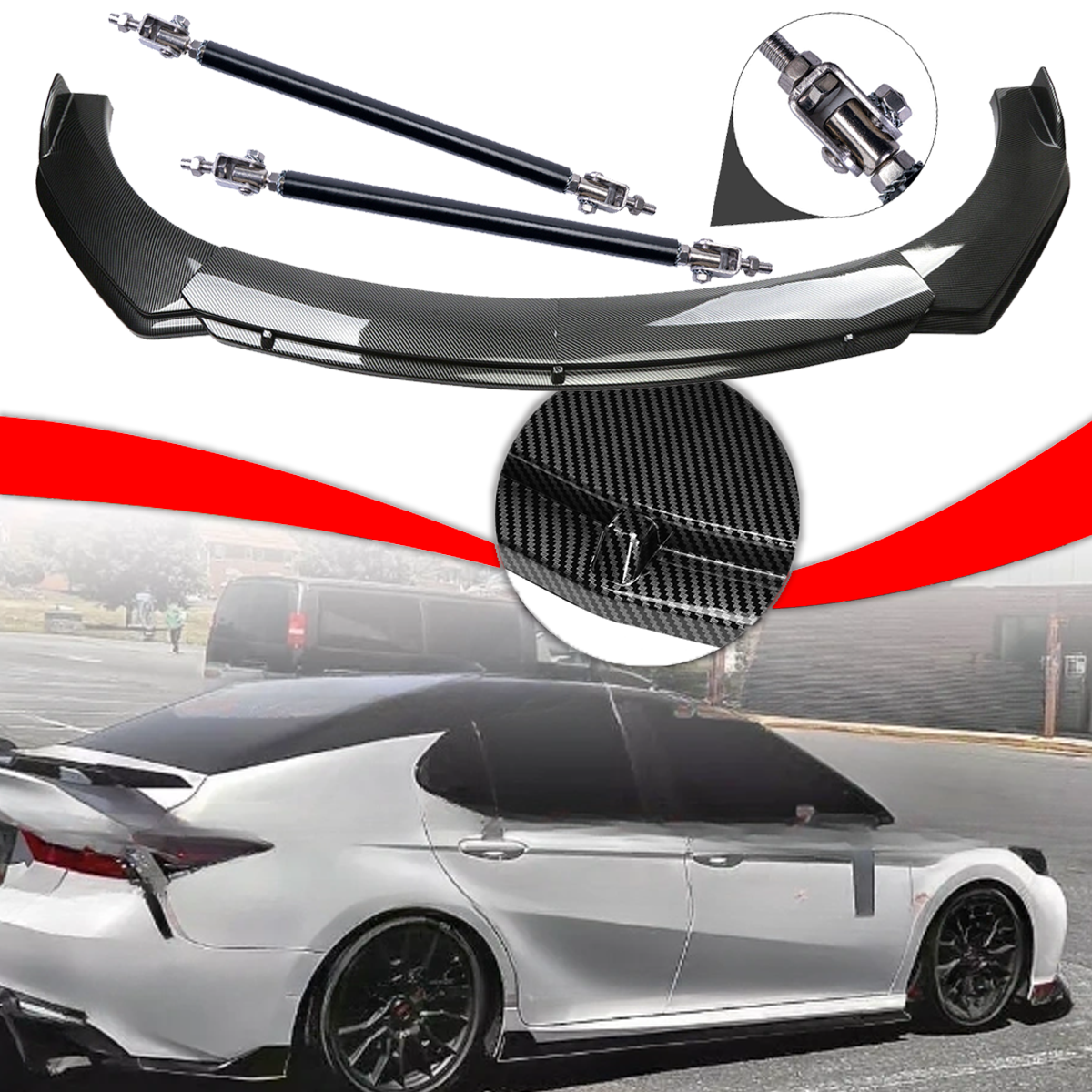 For Camry SE XSE 2018-20 Carbon Fiber Style Front Bumper Lip Spoiler Strut Rods
