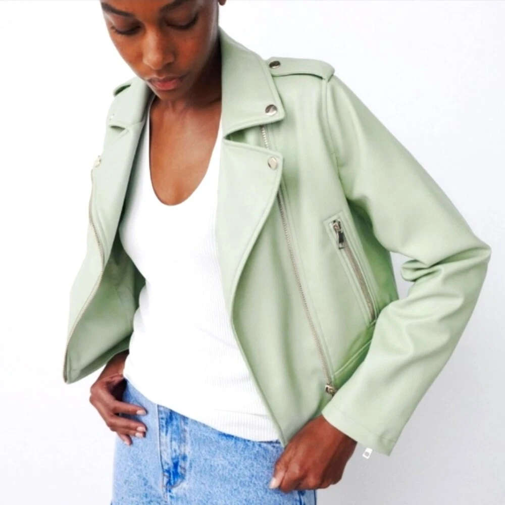 ZARA MINT GREEN FAUX LEATHER MOTO JACKET WITH GOLD ZIPPER SIZE