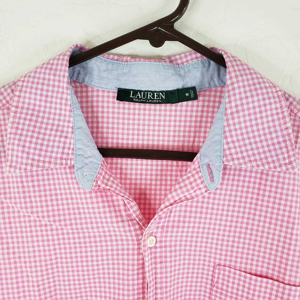 Blusa de pijama Lauren Ralph Lauren feminina média rosa xadrez branco monograma - Imagem 3 de 4