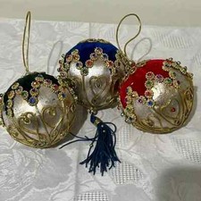 Retro Lot Of 3 Christmas Ornaments Multicolor Jewel Velvet