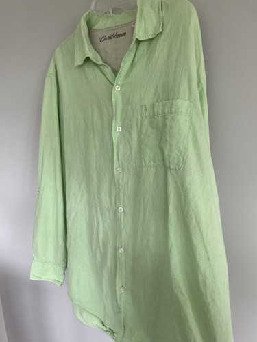 Camicia Caraibica Uomo M Misto Lino 58909 Roll Tab Leggera Verde Costa - Foto 3 di 12