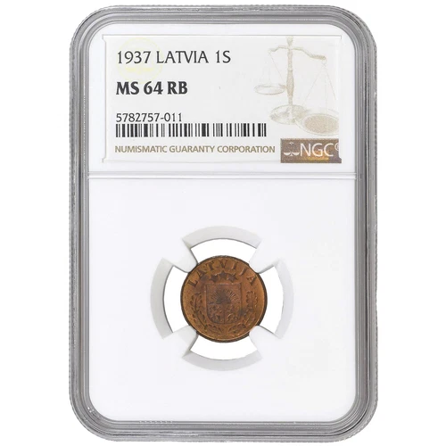 Coin in NGC slab "1 santims 1937, Latvia, MS 64 RB"