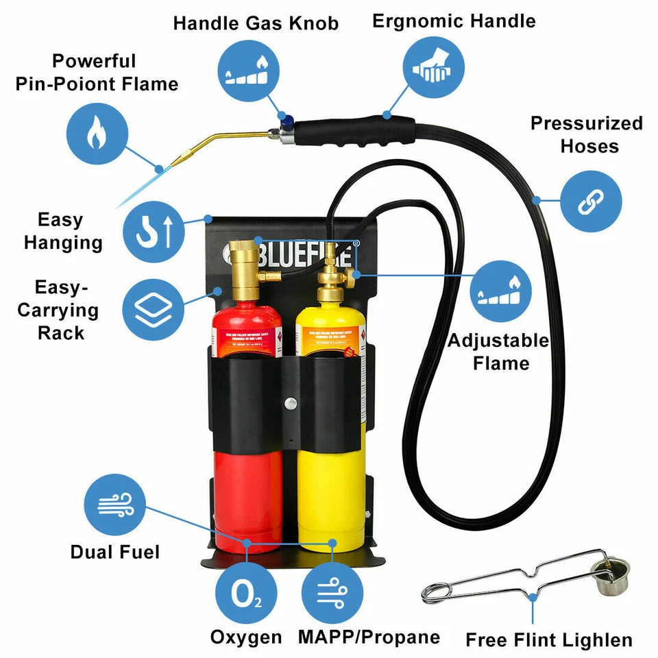BLUEFIRE Oxygen MAPP Propane Welding Torch Kit MAP Gas Cylinder Rack Flint Light - Image 2 of 4