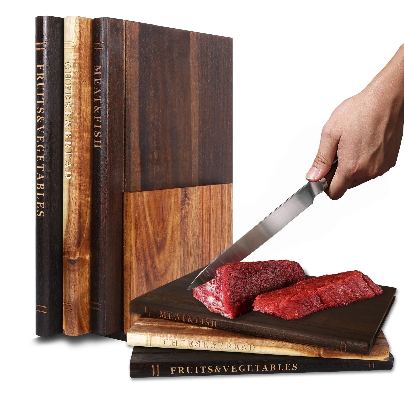 Book Cutting Board Set of 3 With Stand, Solid Acacia Cutting Boards That Look...