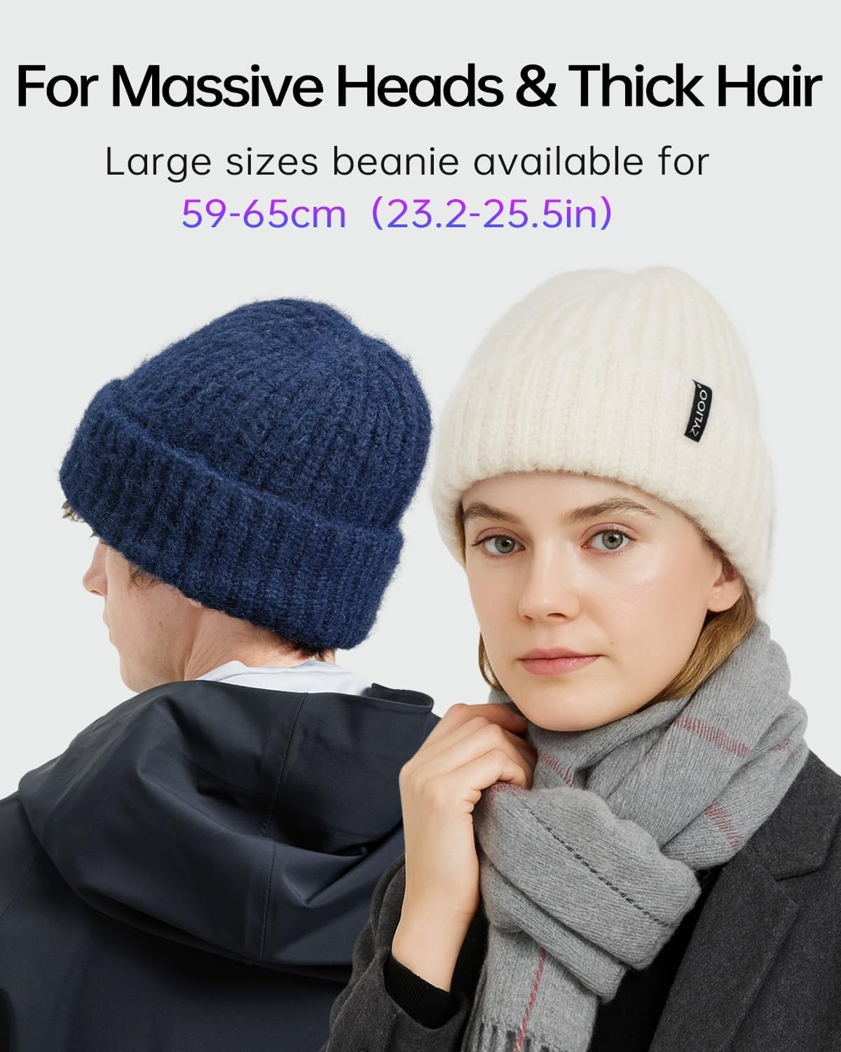 Zylioo XXL Fleeced Beanie Hats for Big Heads,Large Wool Winter Ski Beany Hat, T