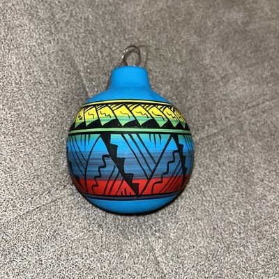 Native American Navajo Ornament Southwest Etched Artist Signed Hand painted Blue