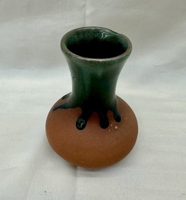 Handmade Studio Pottery Vase Green Drip Glaze Over Terracotta Clay 5  