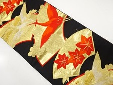 7601483: JAPANESE KIMONO / ANTIQUE FUKURO OBI / SILK / WOVEN CRANE  KIKU