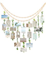 Boho Wall Decor with Photo Hanging Clips, Wooden Beads Garland with Greenery ...