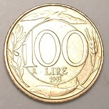 1993 Italy Italian 100 Lire Turreted Head Dolphin Coin VF+