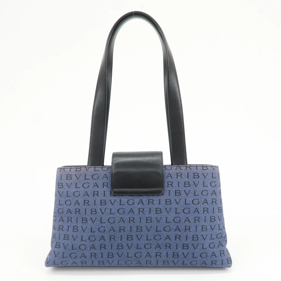 Bolso de hombro de cuero vaquero BVLGARI Logo Mania azul negro auténtico usado envío gratuito Foto 2 de 4