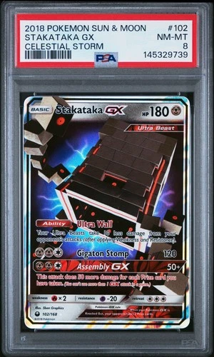 2018 POKEMON SUN & MOON CELESTIAL STORM #102 STAKATAKA GX PSA 8