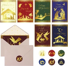 24 Pack Religious Christmas Cards with Envelopes & Stickers, 5x7in Gold Foil Emb