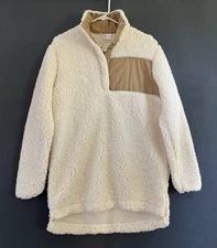 Top It Off Womens Large Cream Sherpa Pullover Tan Patch 4 Snap Closure Cozy NWT