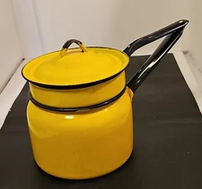 Vintage Enamelware Yellow Double Boiler With Black Trim