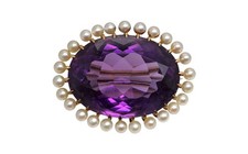 Vintage 14k Yellow Gold Gem Quality 20.4ctw Natural Amethyst Seed Pearl Brooch