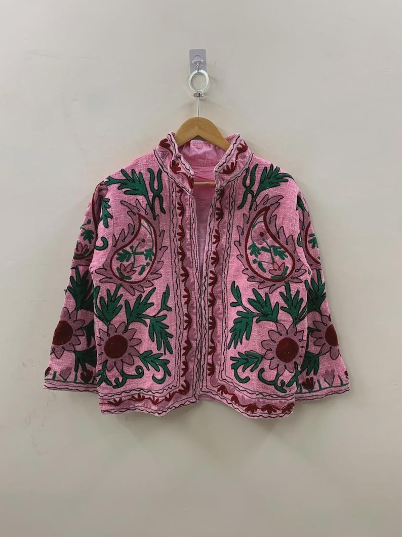 Pink Suzani Embroidered Jacket | Boho Floral Duster Coat | Handmade Bomber Jacke