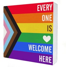 Rainbow Everyone is Welcome Here Wooden Box Sign Desk Decor LGBTQ Gay ONE