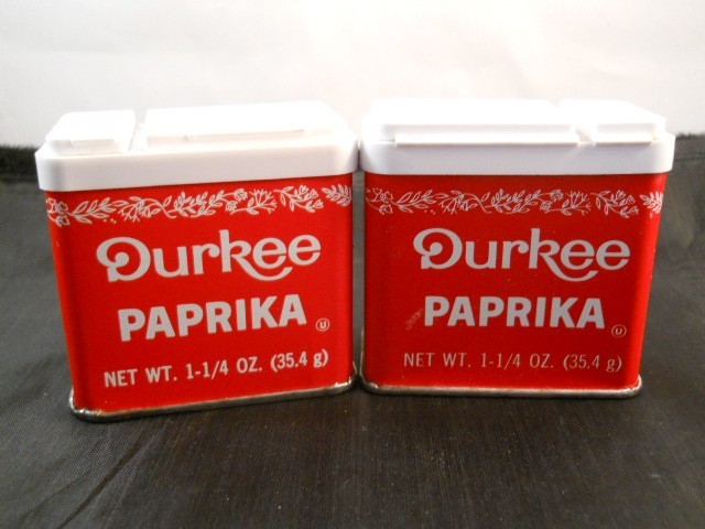 2 VINTAGE DURKEE SPICE  TINS - PARTIALLY FULL - PAPRIKA