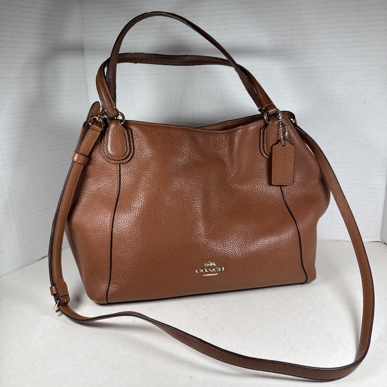 COACH Slouchy Edie Saddle Brown Pebble Leather Shoulder Bag w/Adj.&Detach. Strap