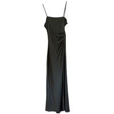 ZARA Womens Dark Olive Green Satin Ruched Midi Slip Dress XS Square Neck Slit
