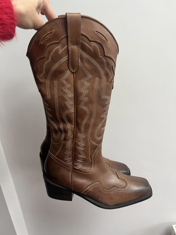 Urban Outfitters Cowboy Tan Dallas Western Leather Boots Western In Brown UK 4 - Image 3 of 4
