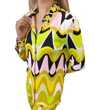EMILIO PUCCI Vintage Logo Multicolor Shirt Pants Set 38 Button Zip Rayon