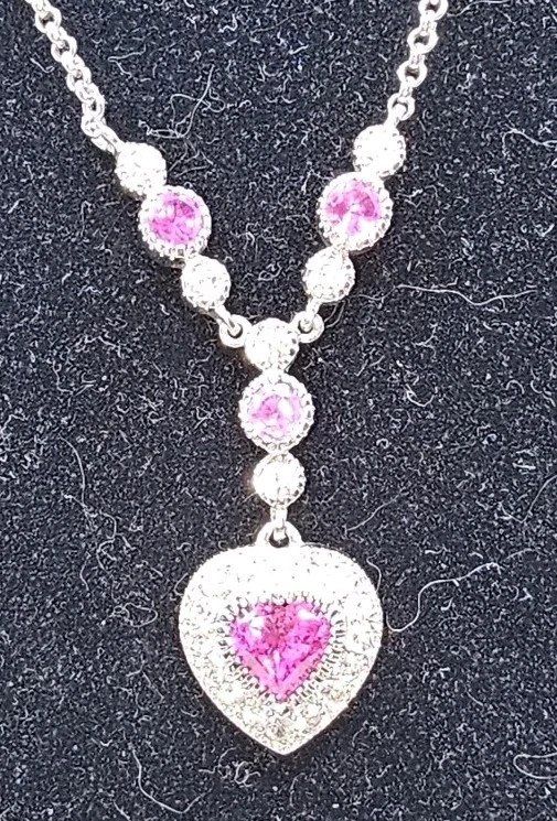 Vintage Sterling Silver And Lab Created Ruby Heart Pendant Necklace  16" 7.45g - Image 3 of 4