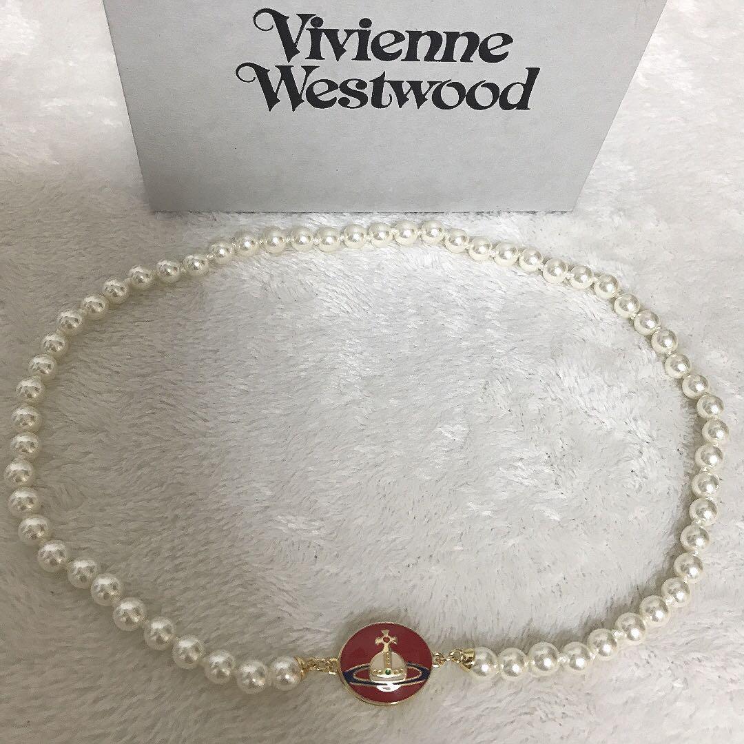 Vivienne Westwood Necklace Enamel Pearl Choker Red x Gold 40cm IN
