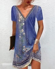 Women's V-Neck Short Sleeve Boho Floral Dress Ladies Summer Casual Midi Sundress