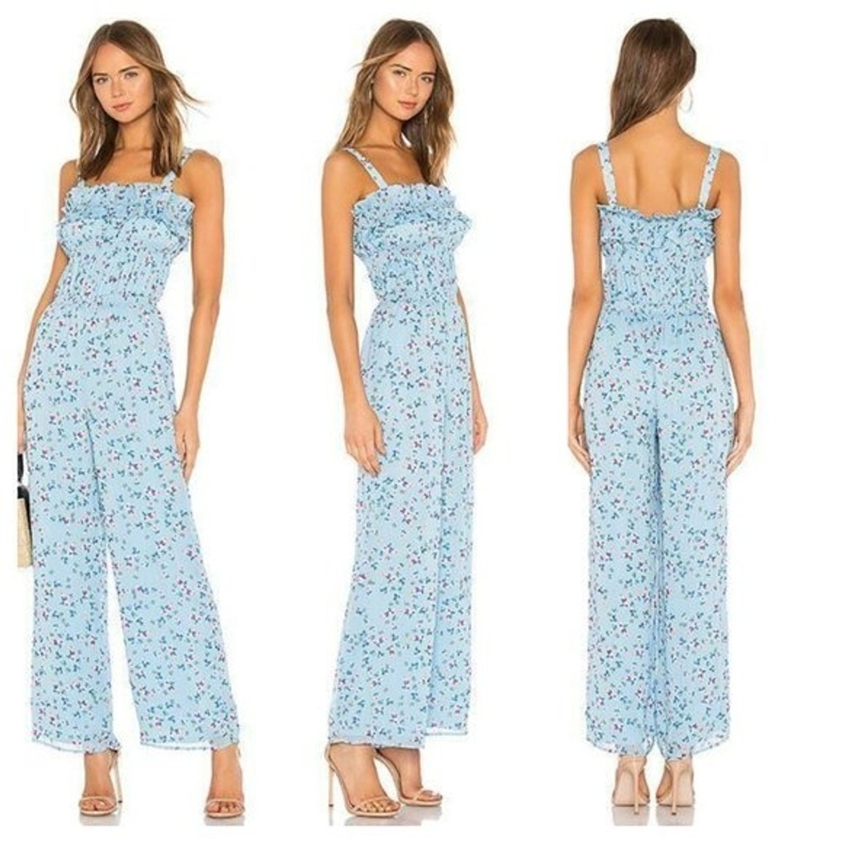 NEW Revolve Tularosa Ellie Carolina Blue Ruffle Corset Floral Jumpsuit Large