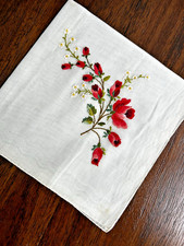 Vintage Handkerchief Hankie Willow NWT NOS Embroidered Red Roses Daisies