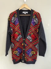 SK & Company Cardigan Vintage Floral Wool Blend Grandma Core Flower Buttons