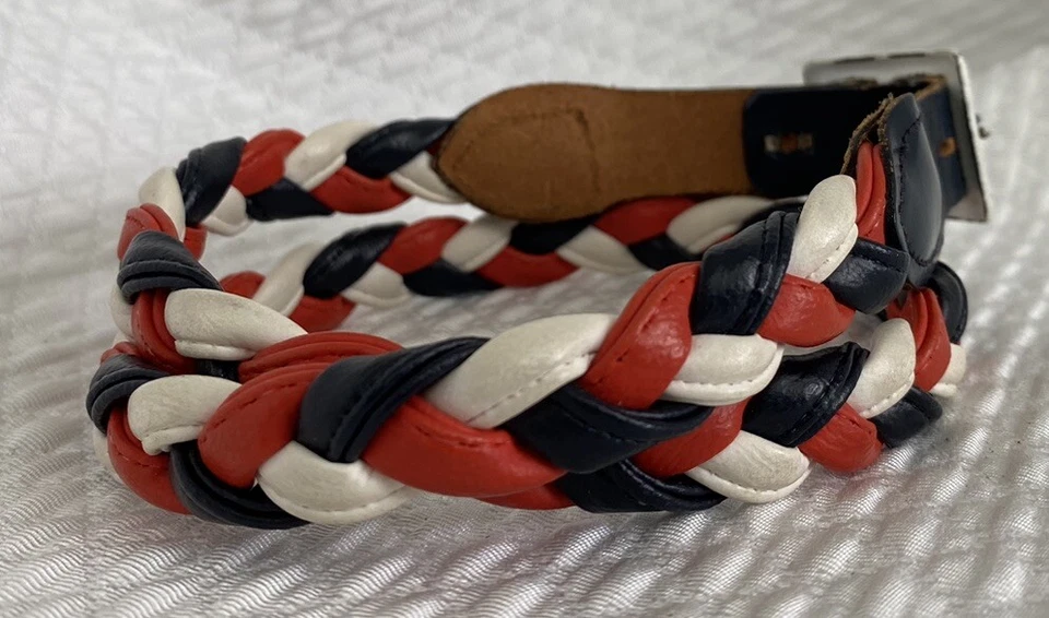 Cinto trançado feminino vinil vermelho branco e azul com extremidades de couro tamanho 26 4 de julho - Imagem 4 de 4