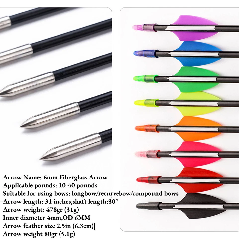 12X30" Archery Fiberglass Arrows Training Arrows Recurve Compound Bow Practice - Image 4 of 4