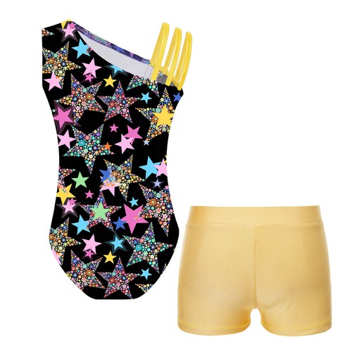 Kids Girls Dance Set Stylish Sports Suit Printed Leotard With Shorts Shiny - Picture 67 of 82