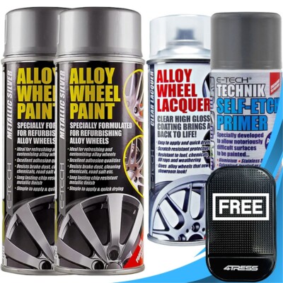 E-TECH Auto Alufelgen Sprühlack 2x silber, selbstätzende Grundierung & Lack. +M