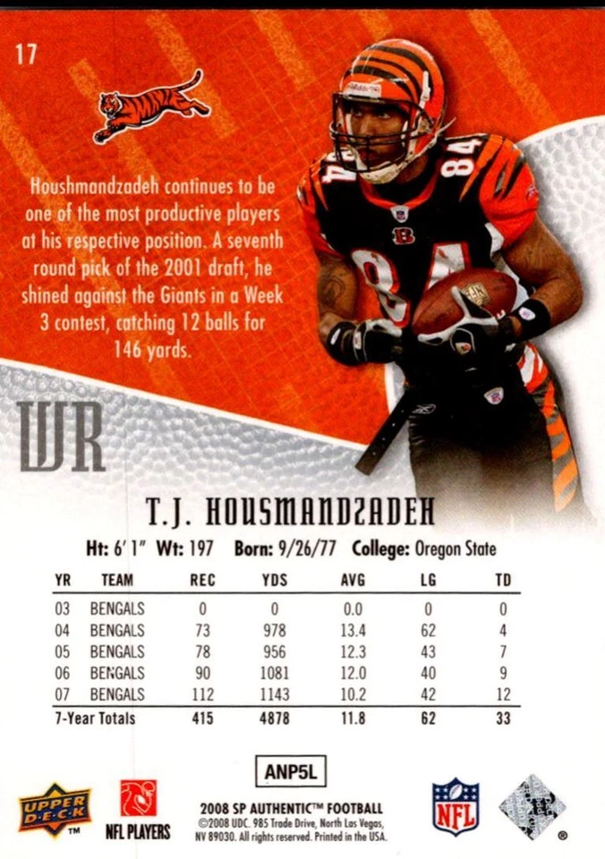 2008 SP Authentic T.J. Houshmandzadeh Cincinnati Bengals #17 - Image 2 of 2