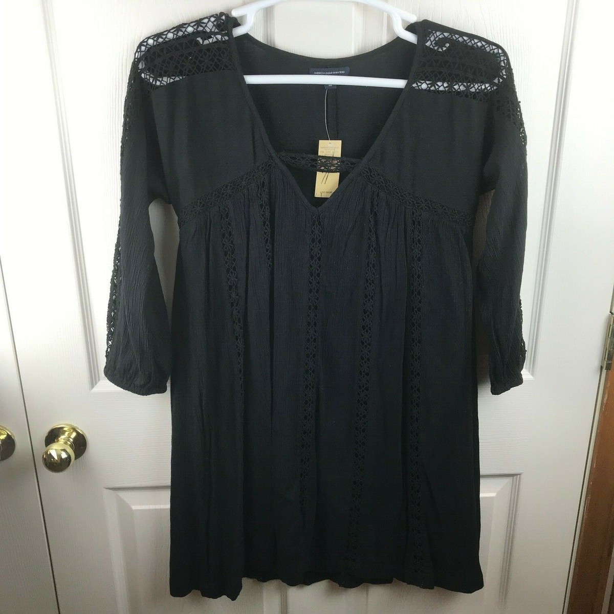 american eagle black crochet dress AE Sunchaser Babydoll Crochet Mini Dress Women's Black S