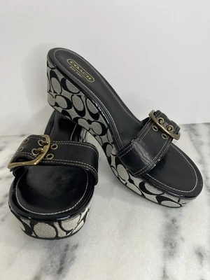 Coach Simone A2487 Wedge Sandals 11M Black & White w/ Gold Buckle - Image 1 of 4