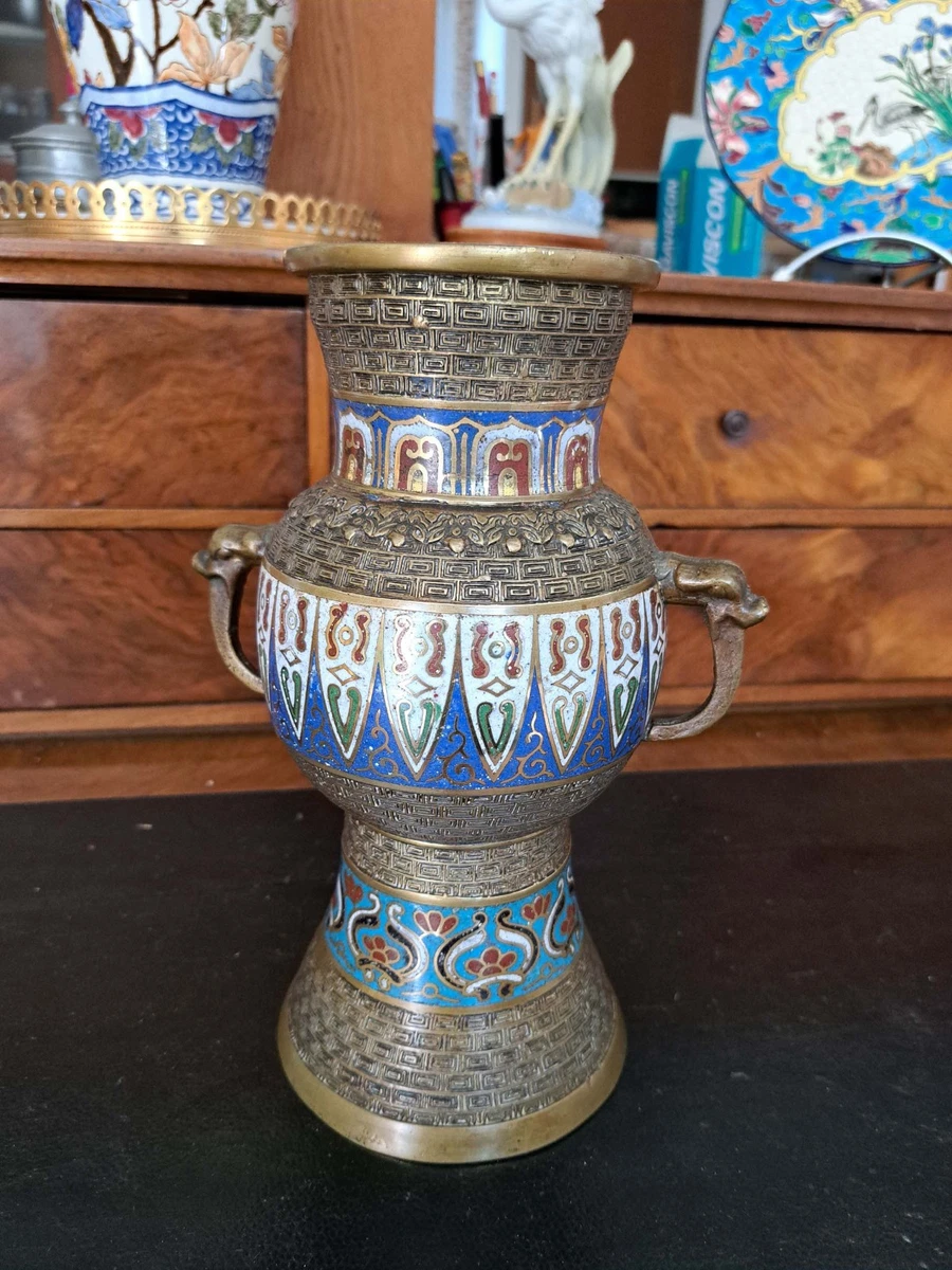 Petit Vase Laiton Art Déco Incrusté, Motif Canard Ananas, 11cm