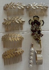 Lot of 8 Gold Tone Faux Pear Rhinestones Assorted Hair Clips EUC